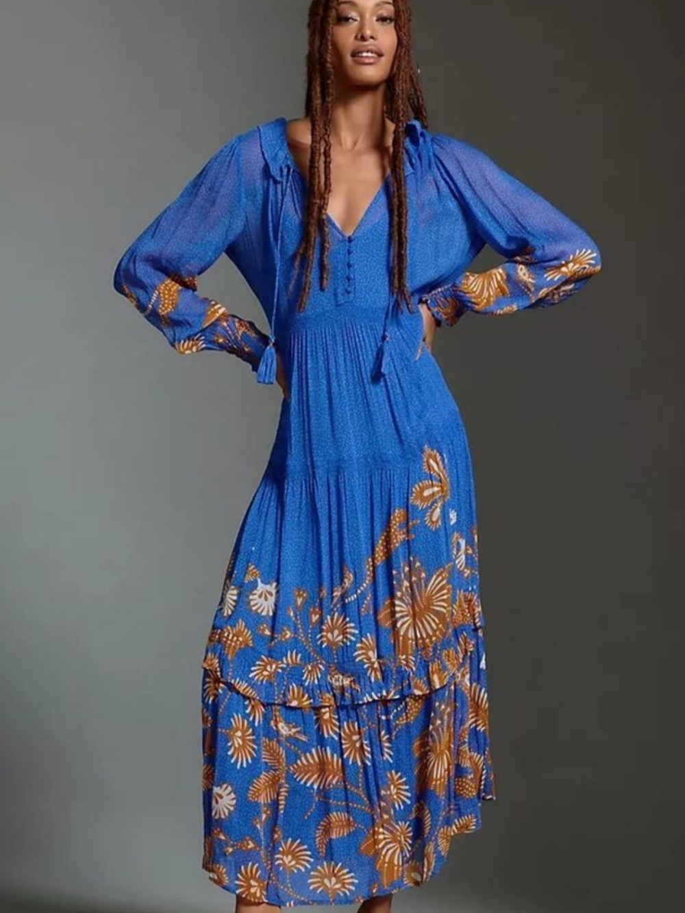 Anthropologie The Marais Printed Chiffon Long Sleeve Tiered Maxi Dress